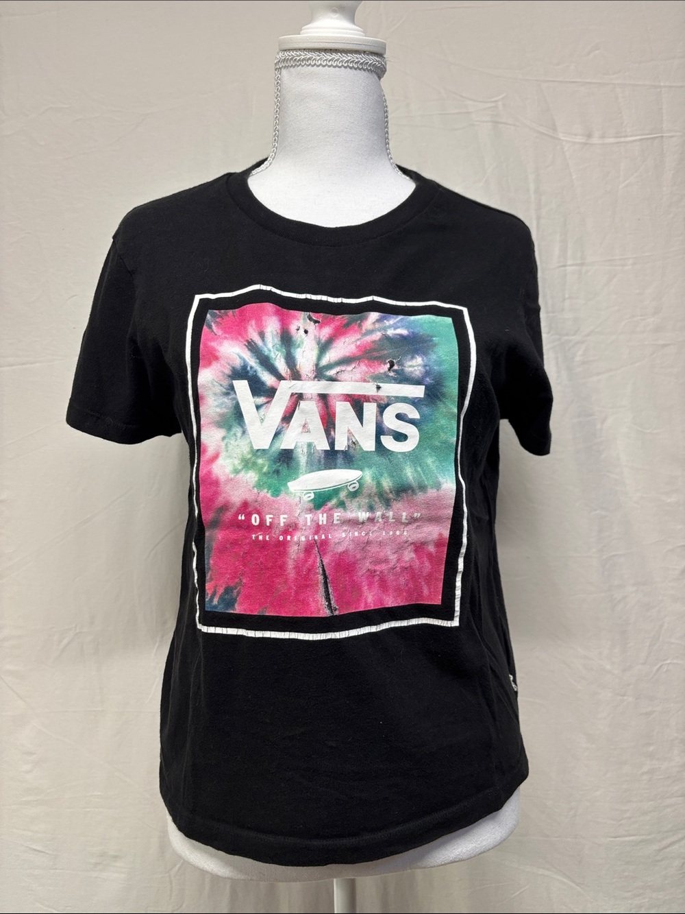 Vans Black Tee with Pink & Green Tie-Dye Logo